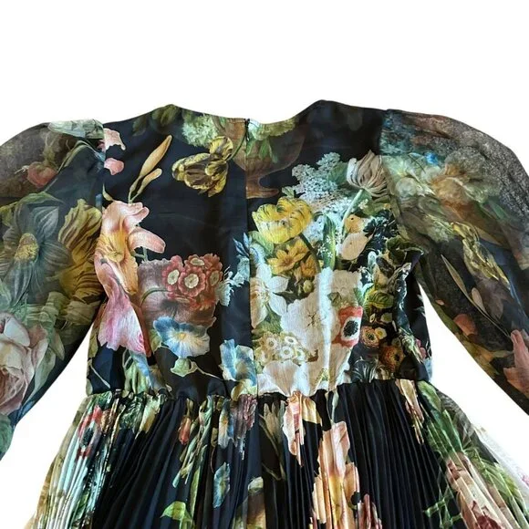 Pankaj & Nidhi Anthro Chiffon Floral Print Dress Long Sleeve Pleated Size Medium - Picture 11 of 16